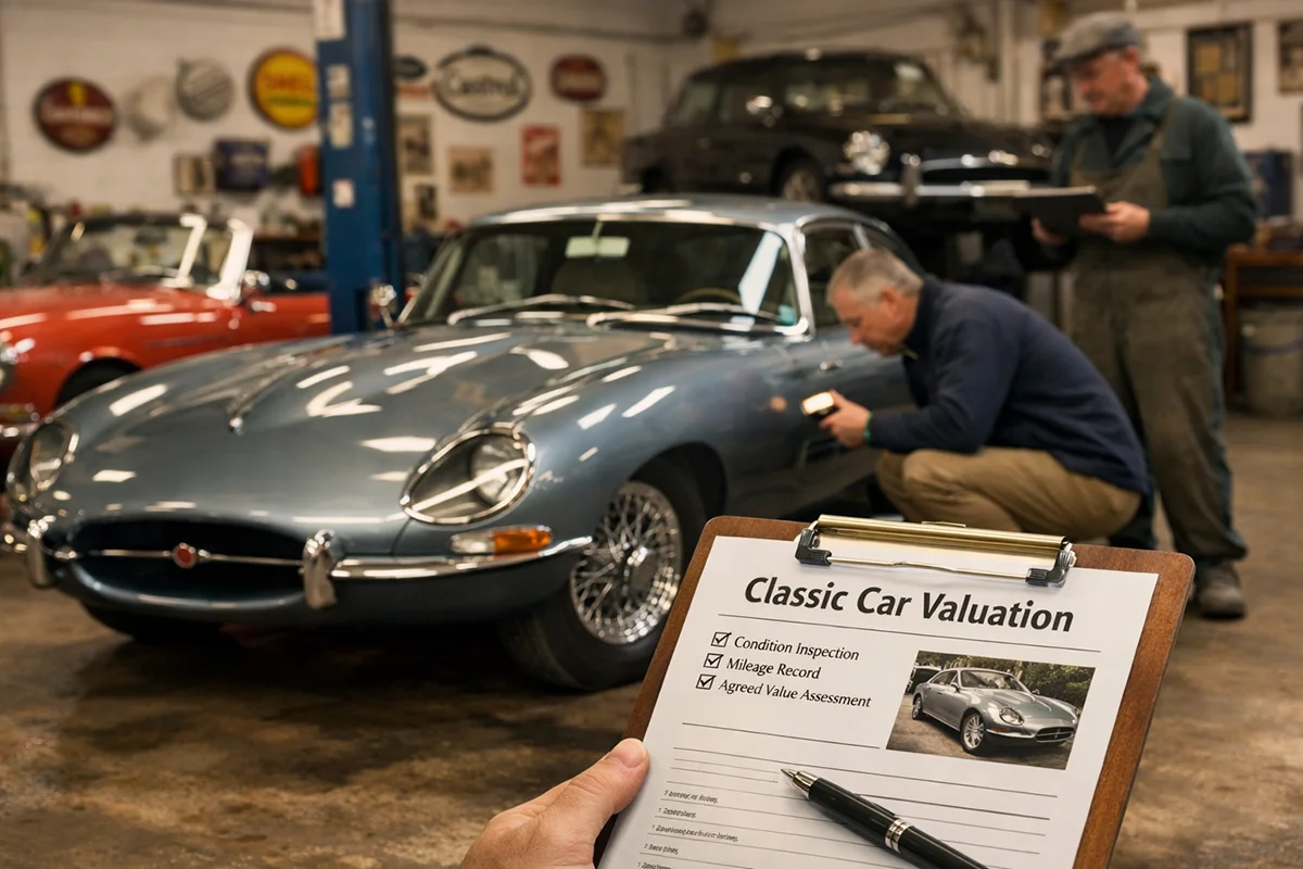 A classic E-Type Jaguar undergoing a valuation inspection at a classic car garage